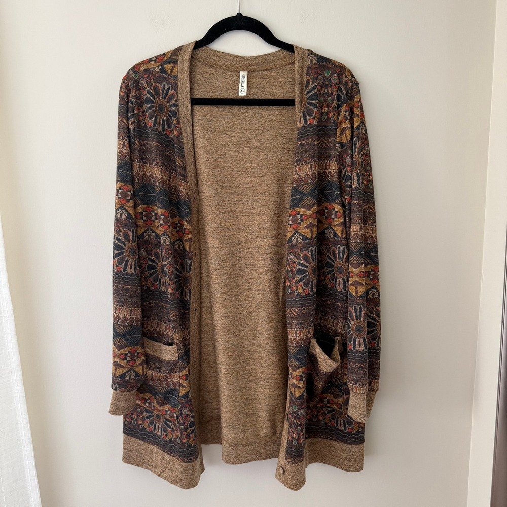 Grecerelle XL Brown Boho Tapestry Print Longline Button Front Cardigan Sweater